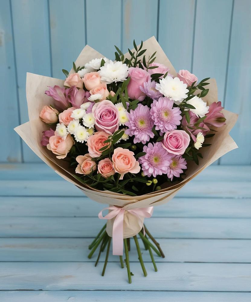 Букет цветов из: Хризантемы, Розы и Альстромерии в Кожве