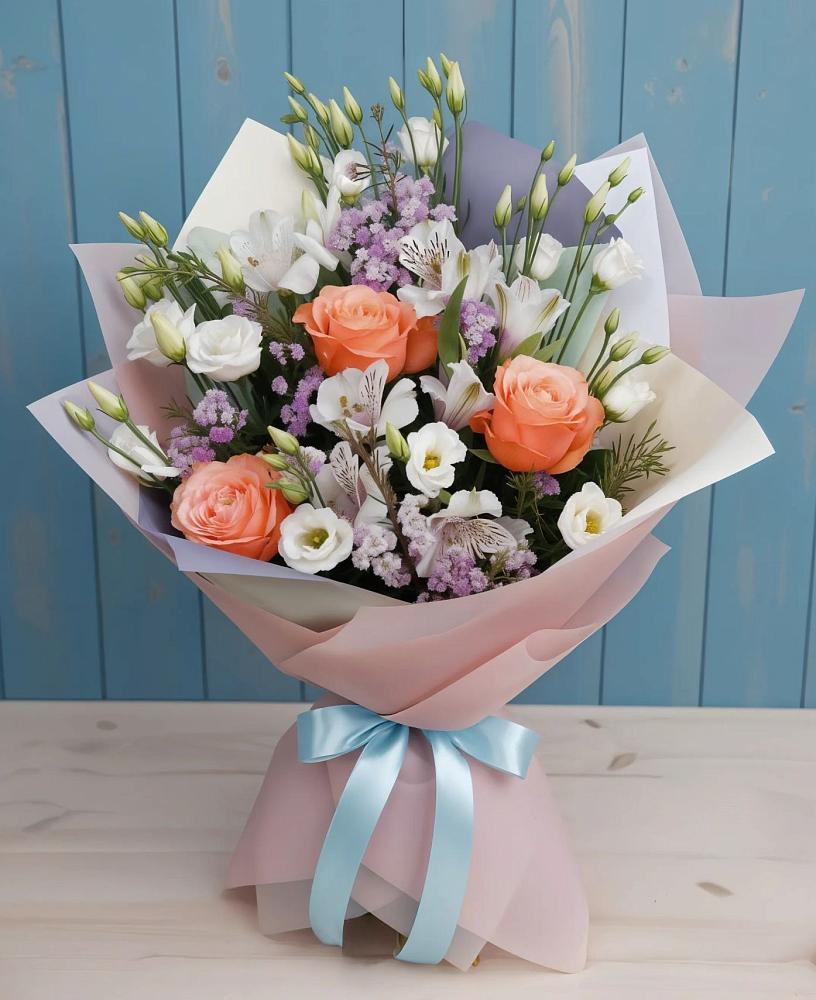 Букет цветов из: Лизиантусы, Розы, Альстромерии и Гипсофила в Кожве