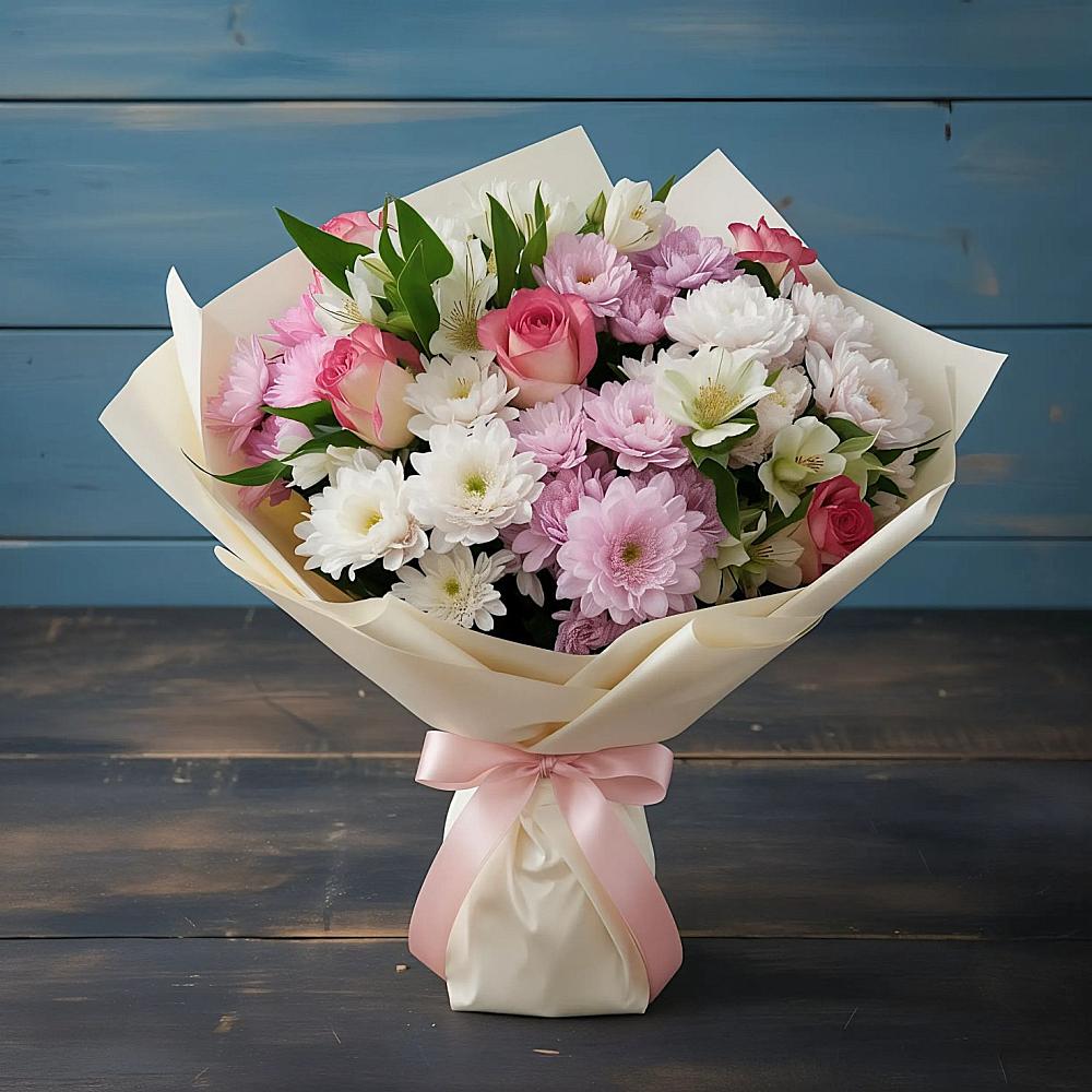 Букет цветов из: Хризантемы, Альстромерии и Розы в Кожве